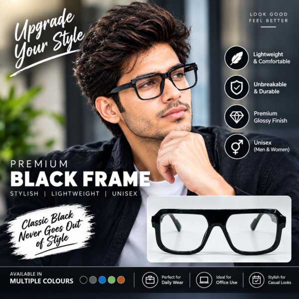 Premium Glossy Black Eyewear Frame | Stylish Unisex Frame